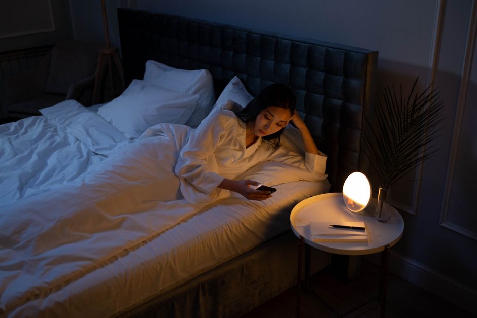 Mulher usando o celular na cama, refletindo sobre insônia